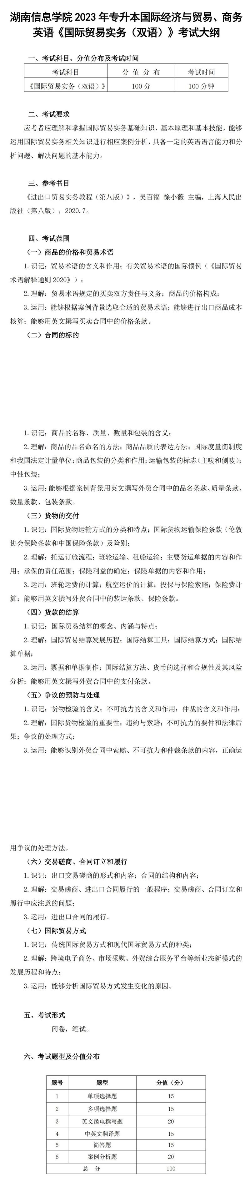 2023年湖南信息學(xué)院專升本商務(wù)英語專業(yè)《國際貿(mào)易實務(wù)（雙語）》考試大綱(圖1)