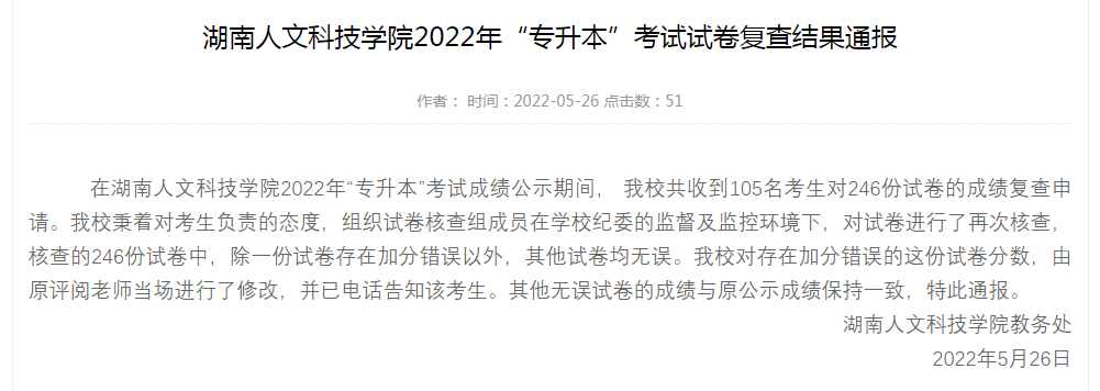 2022年湖南人文科技學(xué)院專升本考試試卷復(fù)查結(jié)果通報(bào)