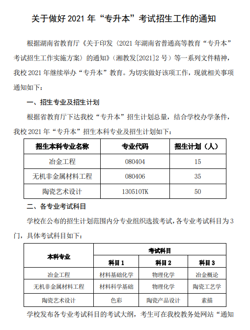 湖南工業(yè)大學(xué)關(guān)于做好2021年“專升本”考試招生工作的通知(圖1)